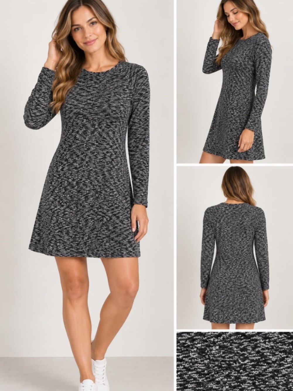 Lou & Grey Women’s Size M Charcoal Gray Marled Cotton Long Sleeve A-Line Dress